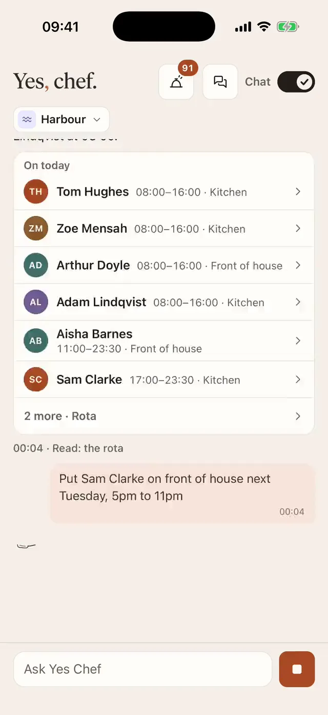Ask Yes Chef on an iPhone. “Put Sam Clarke on front of house next Tuesday, 5pm to 11pm” is sent. It reads the rota, then shows a New shift card for Sam Clarke, Tuesday 20 October, 17:00 to 23:00, front of house, with an Add shift button. The button is pressed and the card says Added.